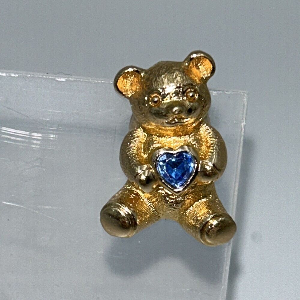 Vintage Avon Gold Teddy Bear Pin Brooch With Blue Heart Gemstone - NEW